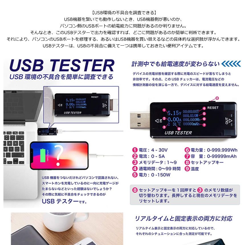 アウトレット品 USB 電流計 電圧計 テスター チェッカー 4-30V 0-5A 急速充電QC2.0 QC3.0 積算電流 電力量 通電時間計測  検出器 tec-usbtest02 turbonetce.com.br