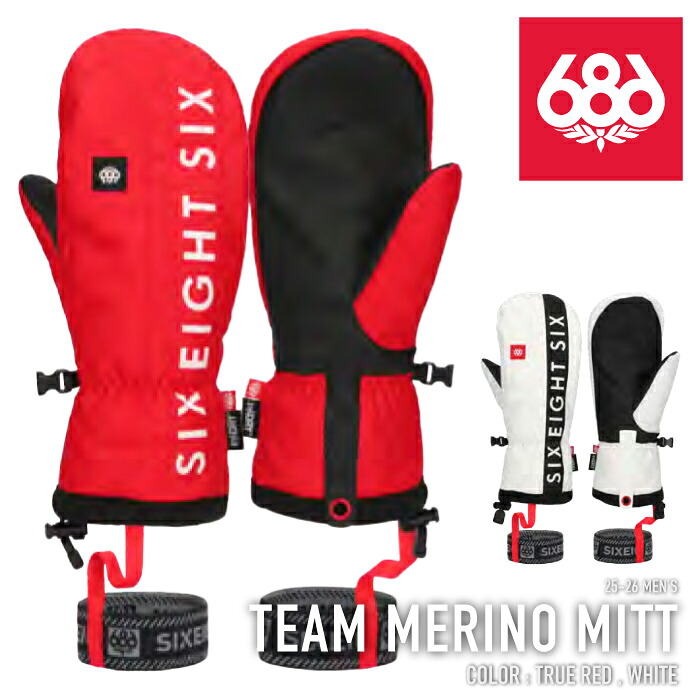 レビューでクーポン★[日本正規品]スノーボード スキー グローブ シックスエイトシックス 686 TEAM MERINO MITT True Red / White メンズ レディース 25-26