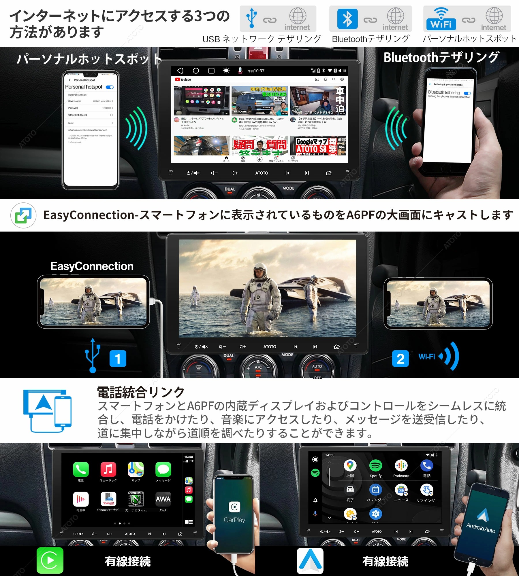 １位 Atoto 2din Android Bluetooth A6 Carplay みちびき対応 オーディオ一 カーナビ カーナビゲーション カー製品 タッチスクリーン ナビ ナビゲーション ハンズフリー 最新型カーナビ 父の日 車載カーナビ 割引購入 A6