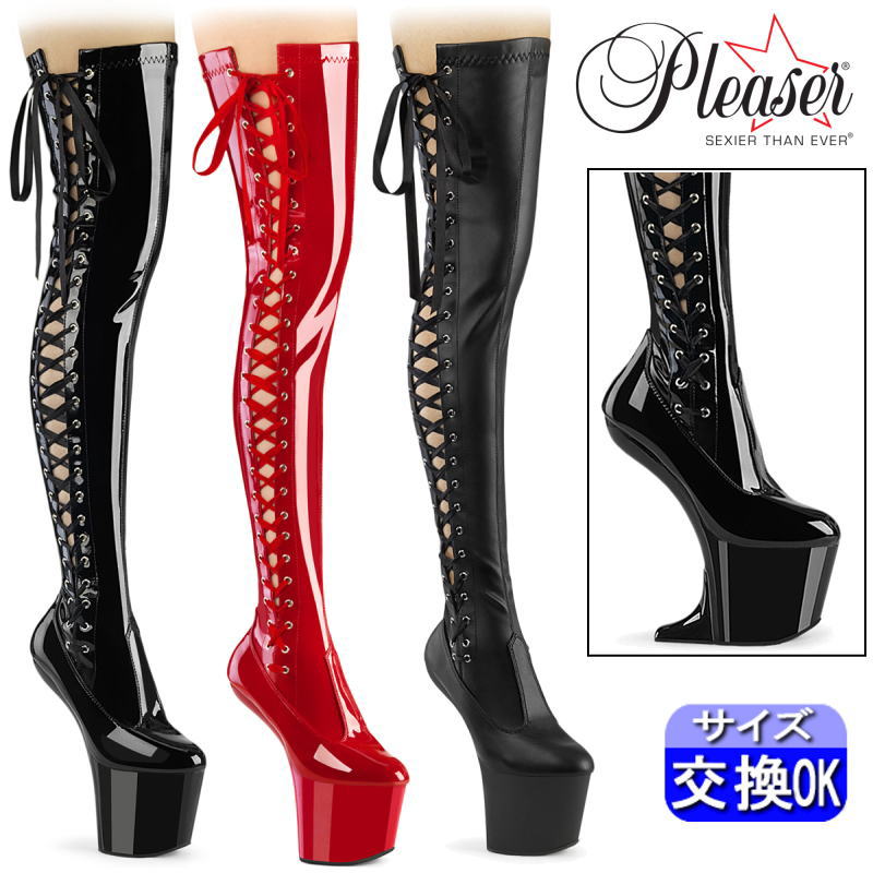 【おまけ付き】 Pleaser | 20cmヒール|22.5cm～30cm| プリーザー ロングブーツ 厚底約20センチ ヒール エナメル サイハイブーツ ニーハイブーツ ハイヒール ミニウェッジソール 編み上げ サイドレースアップ ヒールレス レディース 靴 Pleaser 公式 CRAZE3050 zx