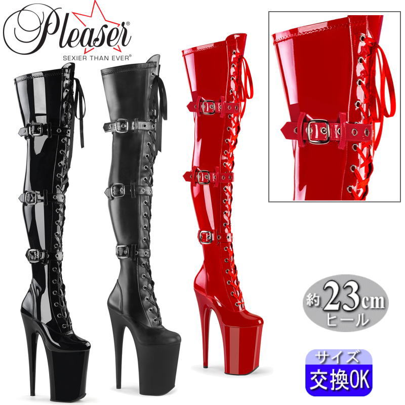 Pleaser プリーザー ブーツ サイハイ ニーハイ ロングブーツ 23cm ヒール 黒 ブラック リボン レースアップ 編み上げ 3連 ベルト バックル ピンヒール 厚底 プラットフォーム 超厚底 ポールダンス ステージ V系 衣装 大きいサイズ レディース INFINITY-3028 INF3028|SHOP LaLa