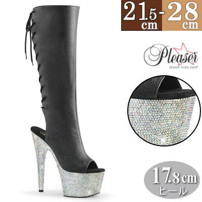 Pleaser | 18cmヒール|21.5cm～28cm| プリーザー 厚底ブーツ ロングブーツ ニーハイブーツ 黒 合皮 オープントゥ ラインストーン付き ピンヒール レディース 靴 大きい サイズ 公式 BEJEWELED-2018-7 BEJ2018-7/BPU/SRS zx｜SHOP LaLa
