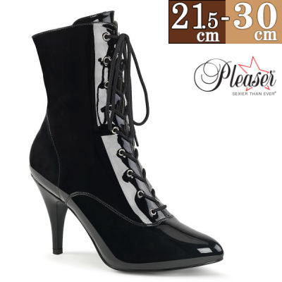 Pleaser | 10cmヒール|25cm~30cm| プリーザー ショートブーツ ブラック エナメル フロントレースアップ 前 編み上げ ピンヒール レディース 靴 大きい サイズ 公式 DREAM-1020 DRE1020/B zx|SHOP LaLa