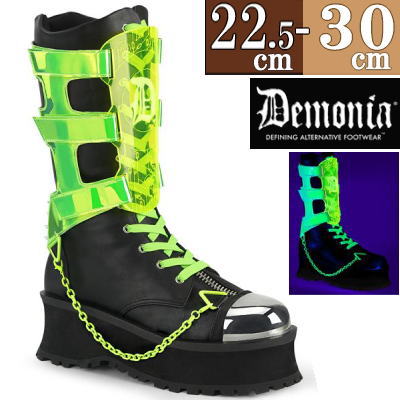 【おまけ付き】 DEMONIA |厚底7m|22.5cm~30cm| デモニア 厚底ブーツ ブラック/グリーン ミドルブーツ 8センチ ヒール 人気 パンク ロック ロリータ ゴシック ゴス ゴスロリ レディース 靴 ごつい V系 サイバー 韓国系ファッション 公式 GRAVEDIGGER-255 GRAD255/BVL-NGN zx