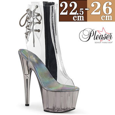 【おまけ付き】 Pleaser | 18cmヒール|22.5cm～26cm| プリーザー 厚底ブーツ ショートブーツ 約18センチヒール クリア/スモーク クリアー オープントゥ 編み上げ ハイヒール ピンヒール ポールダンス ヒール ダンス レディース 靴 公式 ADORE-1018CT ADO1018CT/C/SMK zx