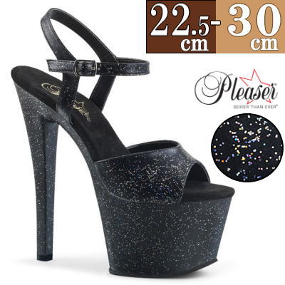 【おまけ付き】 Pleaser | 18cmヒール|21.5cm～30cm| プリーザー 厚底サンダル ストラップ付き 約18センチ ヒール 黒 ハイヒール ピンヒール ポールダンス ヒール キャバ ダンス レディース 靴 大きい サイズ 女装 用 公式 SKY-309MMG SKY309MMG/BPU/M zx