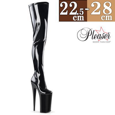 Pleaser プリーザー ブーツ サイハイ ニーハイ ロングブーツ 25cm ヒール 黒 ブラック エナメル ピンヒール 厚底 プラットフォーム 超厚底 ポールダンス ステージ モード系 V系 衣装 大きいサイズ レディース BEYOND-4000 BEY4000/B/M｜SHOP LaLa