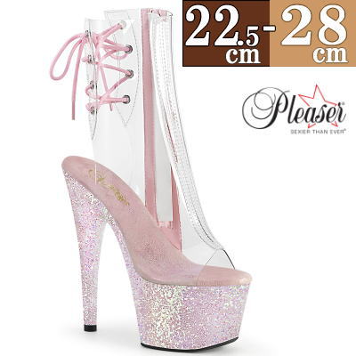 Pleaser | 18cmヒール|22.5cm~28cm| プリーザー 厚底ブーツ ショートブーツ クリア/ピンク クリアー オープントゥ 編み上げ ピンヒール ポールダンス レディース 靴 公式 ADORE-1018C ADO1018C/C/OPG zx|SHOP LaLa
