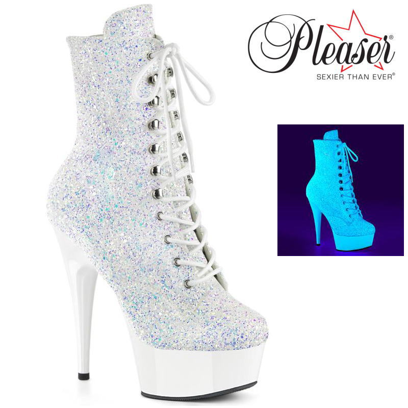 【おまけ付き】 Pleaser | 15cmヒール|21.5cm～30cm| プリーザー 厚底ブーツ ショートブーツ 約15cm センチ ヒール ホワイト グリッター 編み上げ ハイヒール ピンヒール ポールダンス ヒール ダンス レディース 靴 公式 DELIGHT-1020LG DEL1020LG/NWMG/NW zx