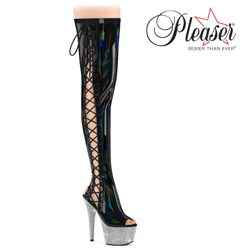Pleaser プリーザー ブーツ サイハイ ニーハイ ロングブーツ 18cm ヒール 黒 ブラック エナメル ホログラム オープントゥ ピープトゥ サイドレースアップ 編み上げ ピンヒール 厚底 プラットフォーム ポールダンス ステージ V系 衣装 BEJEWELED-3052HG-7 BEJ3052HG-7/BHG/SRS｜SHOP LaLa 25,271円