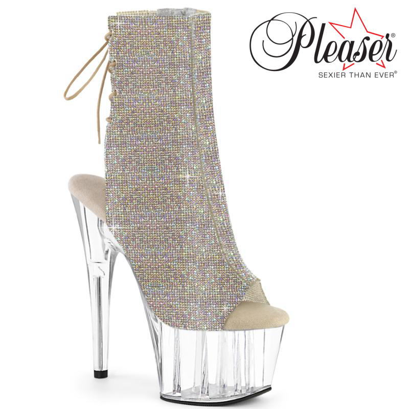 【おまけ付き】 Pleaser | 18cmヒール|21.5cm～27cm| プリーザー 厚底ブーツ ショートブーツ 7インチ/7inch 18センチ ヒール オープントゥ ラインストーン付き ビジュー ピンヒール クリアヒール レディース ポールダンス ヒール 公式 ADORE-1018C-RS ADO1018C-RS/SRS/C zx