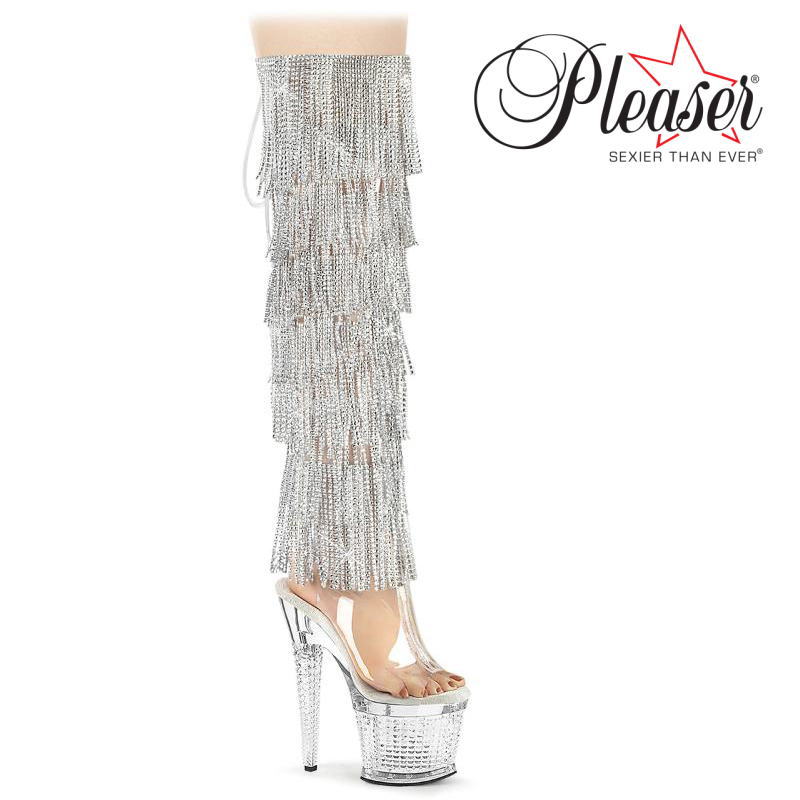 【おまけ付き】 Pleaser | 18cmヒール|22.5cm～26cm| プリーザー 厚底フリンジブーツ シルバー 7インチ 18センチ ヒール ニーハイブーツ サイハイブーツ オープントゥ ピンヒール ヒール ポールダンス 用 レディース 靴 公式 SPECTATOR-3019C-RSF SPEC3019C-RSF/C-S/C zx