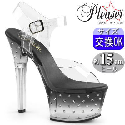 【おまけ付き】 Pleaser | 15cmヒール|21.5cm～27cm| プリーザー 厚底サンダル ストラップ付き 約15cm センチ ヒール クリア/黒 クリアサンダル ハイヒール ピンヒール ポールダンス ヒール ダンス 用 セクシー レディース 靴 プリーザーヒール 公式 ASP608STD/C/B-C zx