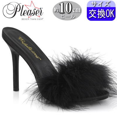 Pleaser | 10cmヒール|21.5cm～30cm| プリーザー ミュールサンダル 黒 ブラック ファー付き オープントゥ ピンヒール モコモコ 薄底 レディース 靴 大きい サイズ 女装 公式 CLASSIQUE-01F CLAS01F/BPU-F 即納 zx｜SHOP LaLa