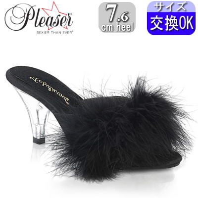 Pleaser | 7.6cmヒール|21.5cm~20cm| プリーザー ミュール サンダル 黒 ブラック ファー付きクリアヒール 透明 ローヒール 低め キャバ セクシーレディース 靴 大きい サイズ 公式 BELLE-301F BEL301F/BPU zx|SHOP LaLa