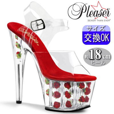【おまけ付き】 Pleaser | 18cmヒール|21.5cm～28cm| プリーザー 厚底サンダル 約18センチ ヒール クリア/赤 ストラップ クリアヒール クリアサンダル ハイヒール ピンヒール ポールダンス ヒール ダンス 用 キャバ セクシー レディース 靴 公式 ADORE-708FL ADO708FL/C/R zx