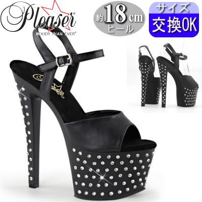 【おまけ付き】 Pleaser | 18cmヒール|21.5cm～27cm| プリーザー 厚底サンダル ラインストーン付き 約18センチ ヒール ブラック 合皮 ストラップ ハイヒール ピンヒール ポールダンス ステージ 衣装 衣裳 レディース ドレス 靴 人気 公式 STARDUST-709 STDUS709/BPU/M zx
