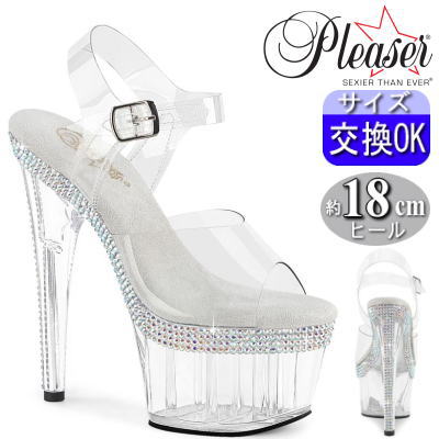 プリーザー ヒール Pleaser 18cm 厚底 サンダル ポールダンスヒール プラットフォーム アンクルストラップ付き クリアヒール オールクリア 透明 ラインストーン ビジュー キラキラ ピンヒール ステージ キャバ ドレス用 ポールダンサー 衣装 正規品 ADO708MLS C M 【即納】|SHOP LaLa