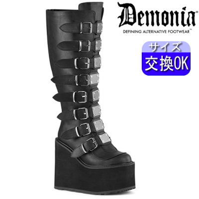 【おまけ付き】 DEMONIA |厚底14cm|22.5cm～28cm| デモニア 厚底ブーツ 黒 超厚底ロングブーツ ウェッジソール ワイドカフ 人気 パンク ロック ゴシック ゴス ゴスロリ レディース 靴 ごつい V系 サイバー 韓国系ファッション 軍靴 公式 SWING-815WC SWI815WC/BVL zx
