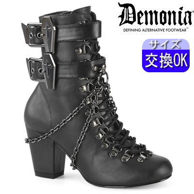 【おまけ付き】 DEMONIA |7.6cmヒール|22.5cm～28cm| デモニア ブーツ 黒 ショートブーツ 靴 派手 太ヒール レディース 靴 人気 パンク ロック ロリータ ゴシック ゴス ゴスロリ ごつい V系 サイバー 量産型 地雷系 公式 VIVIKA-128 VIK128/BVL zx