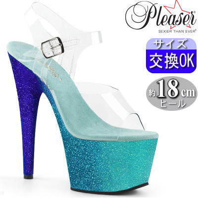 【おまけ付き】 Pleaser | 18cmヒール|21.5cm～28cm| プリーザー 厚底サンダル 約18センチヒール クリア/ブルー クリアー ラメ ストラップ ハイヒール ピンヒール ポールダンス ヒール ダンス キャバ セクシー レディース 靴 公式 ADORE-708OMBRE ADO708OMBRE/C/AQ-BL zx