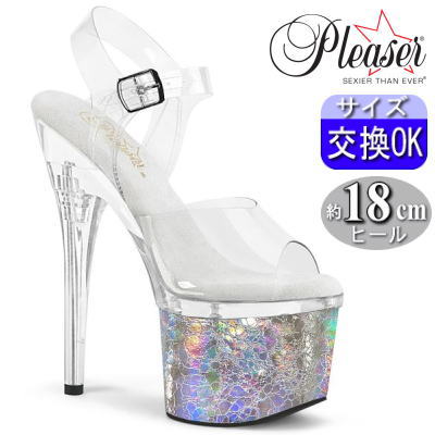 【おまけ付き】 Pleaser | 18cmヒール|21.5cm～26cm| プリーザー ストラップ 付き 厚底サンダル クリア 透明 シルバーヒール サンダル キャバ ダンス ステージ ポールダンス用 ドレス レディース 21cm 22cm 23cm 24cm 25cm 26cm 公式 ESTEEM-708CK ESTM708CK/C/C-SHG zx
