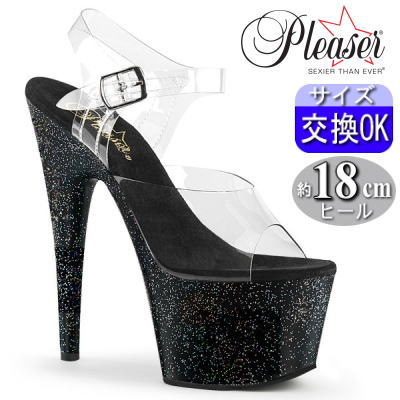 【おまけ付き】 Pleaser | 18cmヒール|21.5cm～28cm| プリーザー 厚底サンダル 約18センチ ヒール クリア/黒 クリアー ストラップ ハイヒール ピンヒール ポールダンス ヒール ダンス 用 キャバ セクシー レディース 靴 公式 ADORE-708MG ADO708MG/C/B zx
