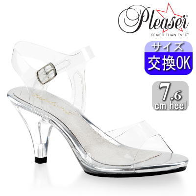 【おまけ付き】 Pleaser | 7.6cmヒール|21.5cm～30cm| プリーザー クリア ヒール サンダル ストラップ付き 7cm(8cm) センチ ヒール クリアー 透明 ローヒール キャバ ヒール 低め ダンス 用 セクシー レディース 靴 大きい サイズ 女装 用 公式 BELLE-308 BEL308/C/M zx