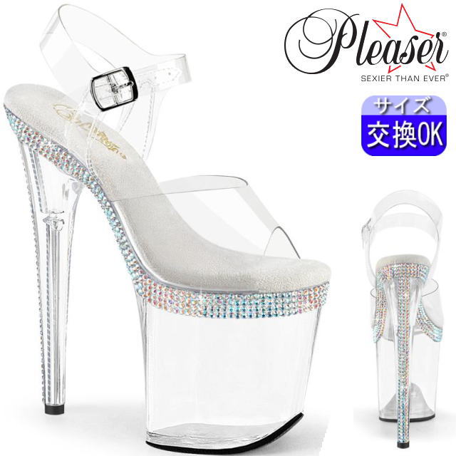 プリーザー ヒール Pleaser 厚底 サンダル ポールダンス ヒール 20cmヒール 20センチ プロ仕様 ストラップ 付き クリア ラインストーン クリアヒール 透明 キャバ ステージ ドレス 用 シューズ 靴 ポールダンサー 衣装 大きいサイズ フラミンゴ 公式 正規品 FLAM808MLS/C/M｜SHOP LaLa