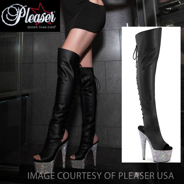 Pleaser プリーザー ブーツ サイハイ ニーハイ ロングブーツ 18cm ヒール 黒 ブラック つや消し オープントゥ オープンヒール ピンヒール 厚底 プラットフォーム ポールダンス ステージ V系 衣装 大きいサイズ レディース BEJEWELED-3019MS-7 BEJ3019MS-7/BPU/SRS｜SHOP LaLa
