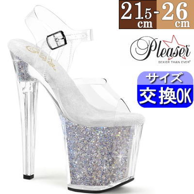 【おまけ付き】 Pleaser | 20cmヒール|21.5cm～26cm| プリーザー ポールダンス用ヒール 厚底サンダル ストラップ付き 約20センチ ヒール クリア シルバー ピンヒール ポールダンス ヒール 脚長 キャバ レディース シューズ 靴 公式 ENCHANT-708RSI ENC708RSI/C/C-SRS zx
