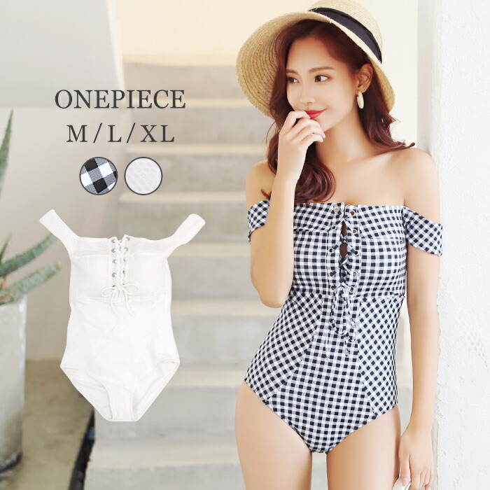 楽天市場 水着 レディース ワンピース 体型カバー オフショルダー オトナ女子 ホワイト チェック 白 レースアップ 可愛い スタイルアップ オシャレ ビーチ プール 代 30代 40代 50代 新作 新作水着 Mizugi 通販 オフショル水着 Sexyqueen セクシークイーン