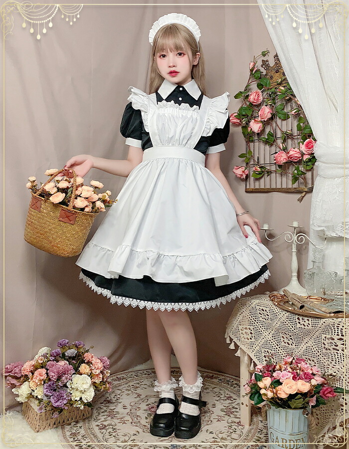 メイド服 ロング コスプレ メイド 衣装 ハロウィン コスチューム コスプレ衣装 可愛い 半袖 ピンク パステルブルー ブラック ウェイトレス レトロ ひざ丈 ロング ワンピース 膝丈 プロン カチューシャ ゴスロリ 仮装 文化祭 Bullpadel Cl