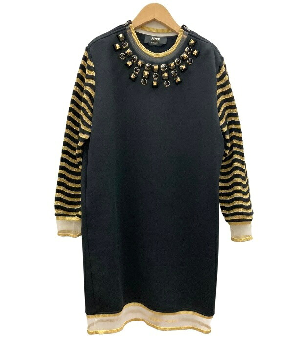 美品/FENDI フェンディ/ビジュースタッズワンピース/異原材料 大きさ38 黒いこと×ゴールド/レディース/FB3844