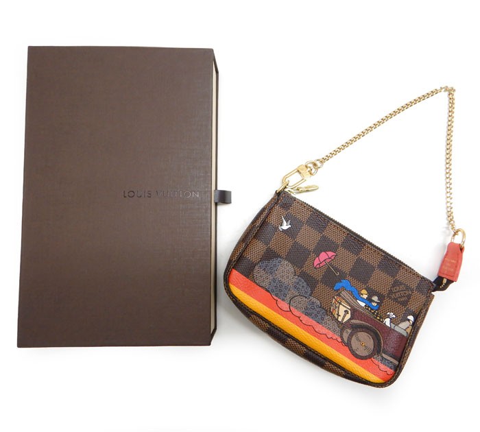 ほぼ未当て嵌める 極美品/LOUIS VUITTON ルイヴィトン/N41426/ダミエ アクセソワール ミニ合切袋 ミニ イリュストレ エヴァシオン 赤銅色 なめし革/FB3247