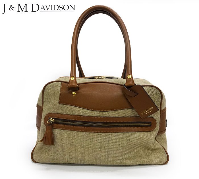 J&M Davidson ジェイアンドエムデヴィッドソン/NEW VIVI ハンドバッグ/ミニボストンバッグ リネン混 カーフ/ベージュ&times;ブラウン/FF2453｜コレカラスタイル