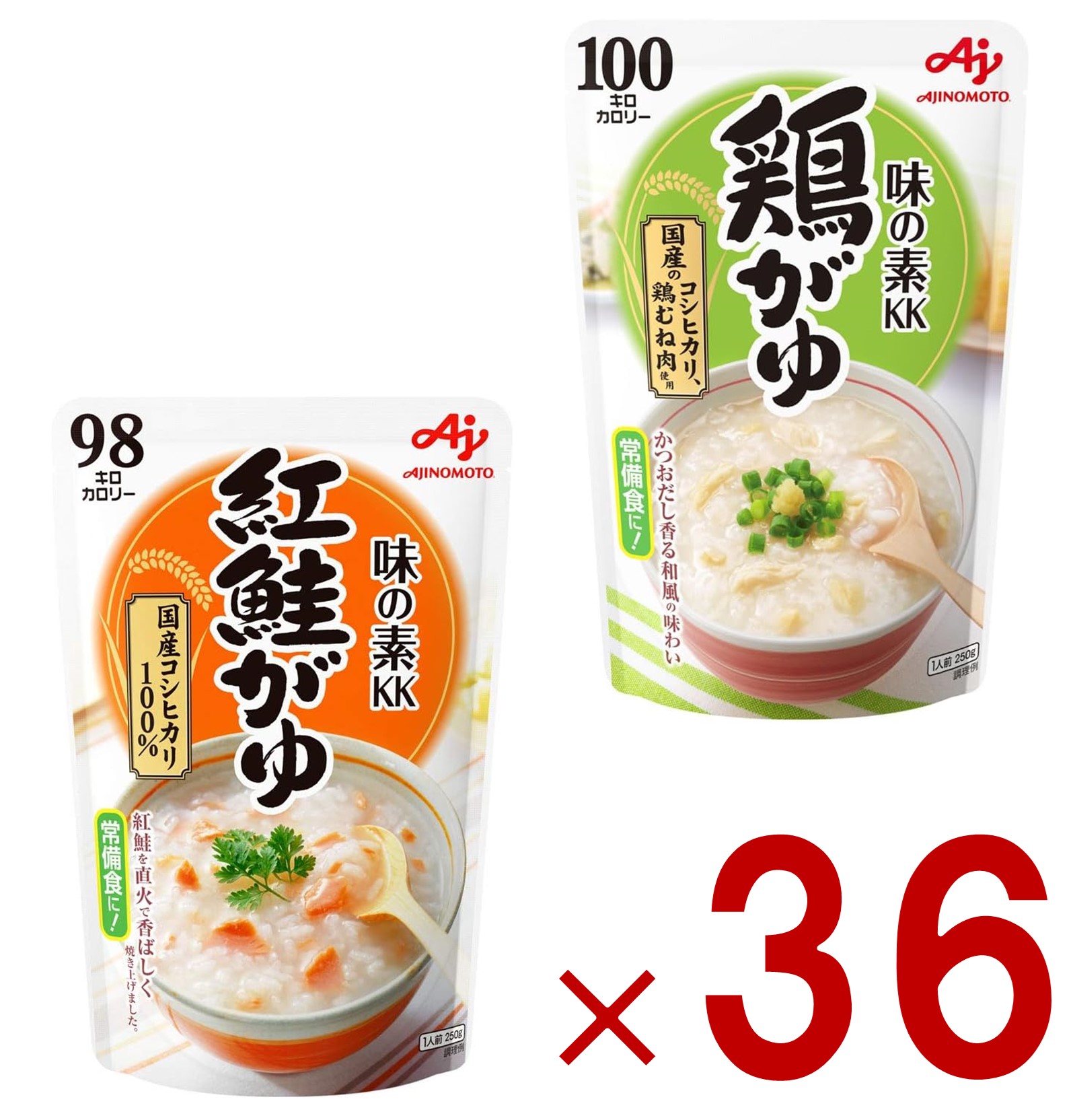 【P5倍! ※要エントリー 19-26日マラソン限定】味の素 紅鮭がゆ 鶏がゆ 2種 アソート 250g おかゆ レトルト 非常食 備蓄 仕送り お粥 かゆ パウチ 常備食 各36個|SG Line 店
