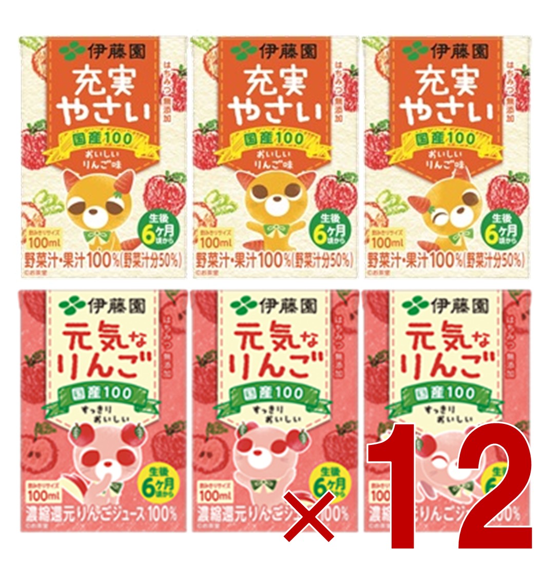 【P5倍 要エントリー 14-17日マラソン限定】伊藤園 こども充実やさい 元気なりんご 100ml×3パック 2種 アソート セット 充実野菜 野菜ジュース お子様向け 幼児向け 子供 各12個 4,573円