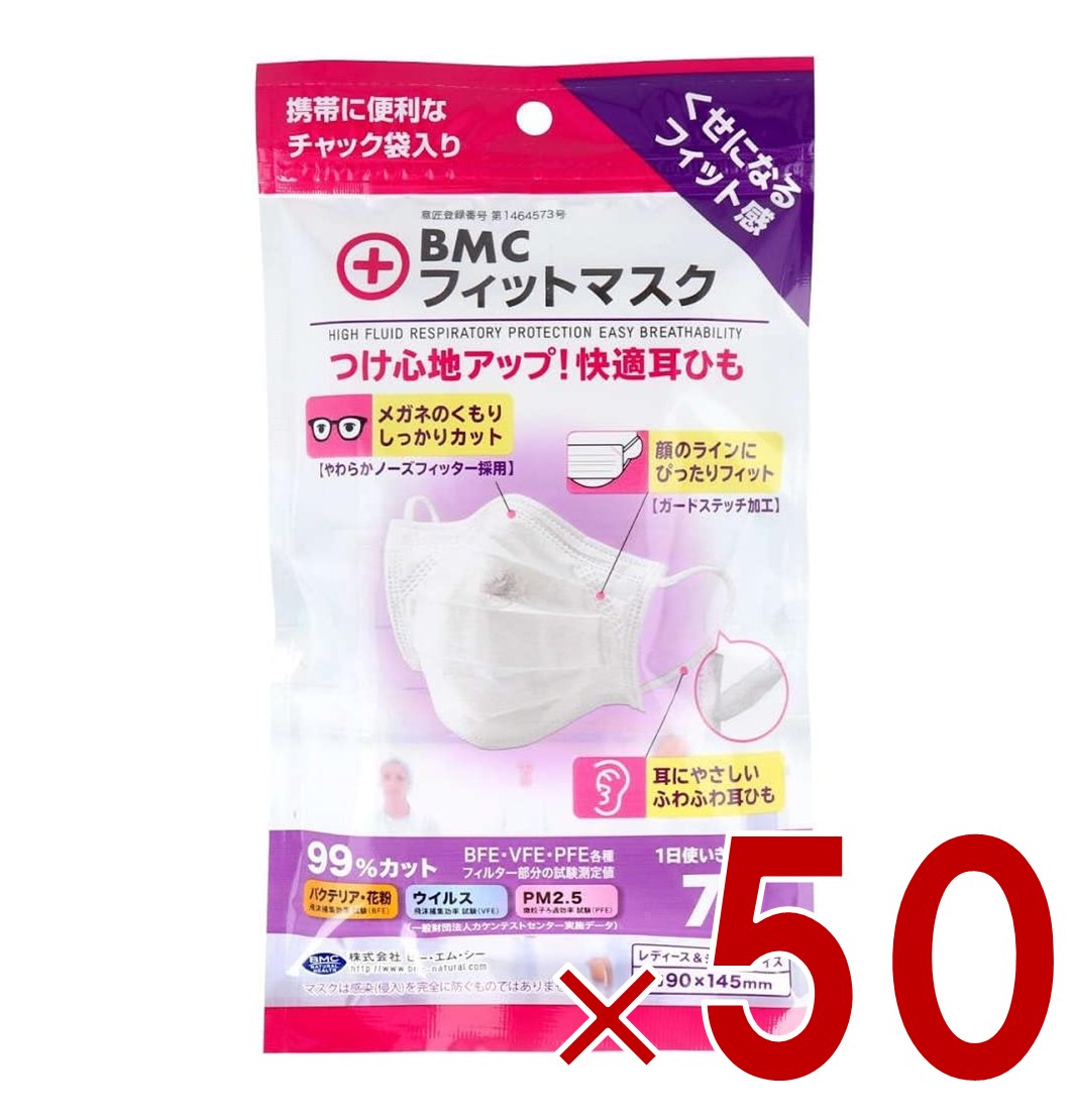 【P5倍 要エントリー 14-17日マラソン限定】BMC フィットマスク レディース ジュニアサイズ 子供 白色 7枚入 不織布 マスク 50個