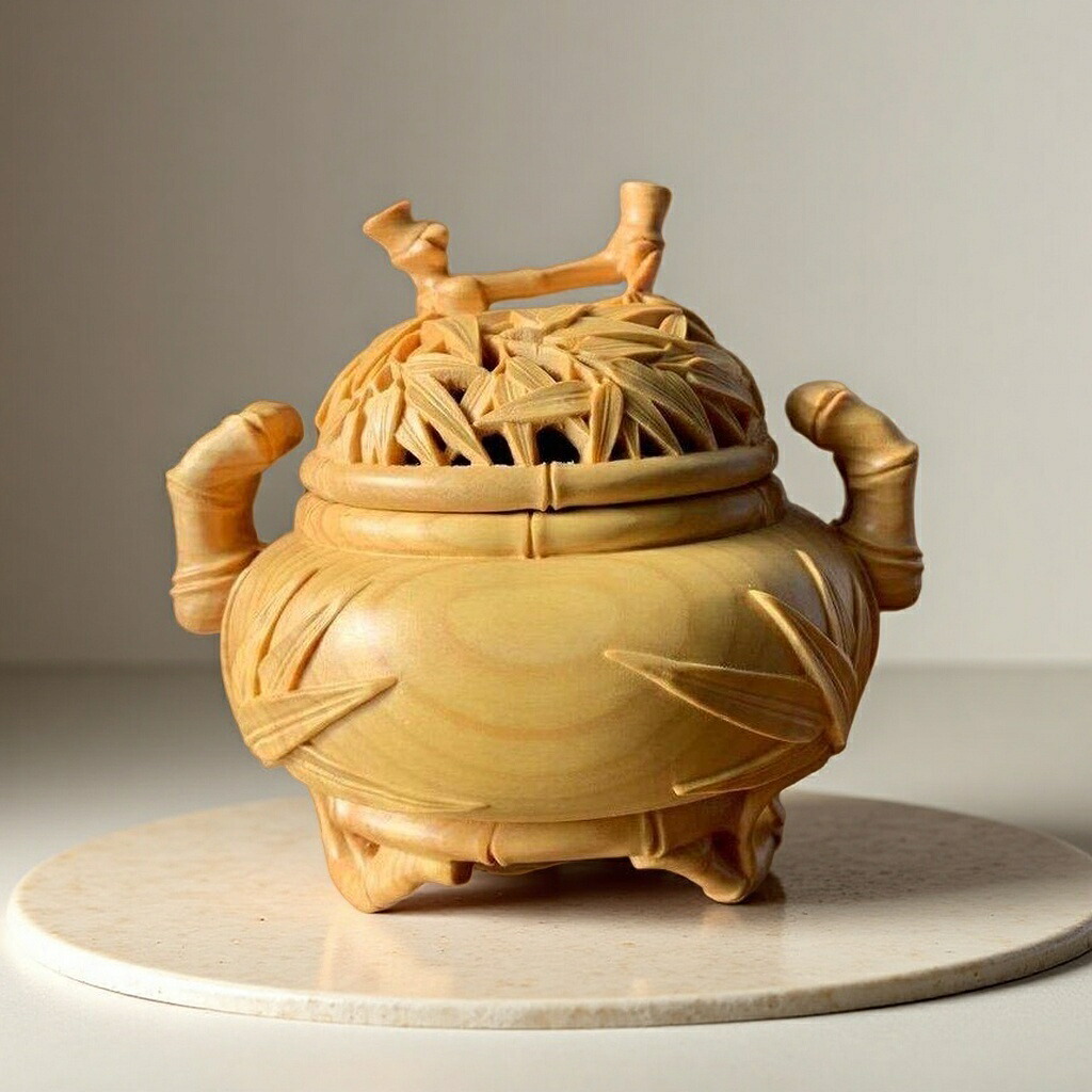 仏具 香炉 竹柄 ツゲ 木彫 (約)高11cm×幅10cm×奥行10cm