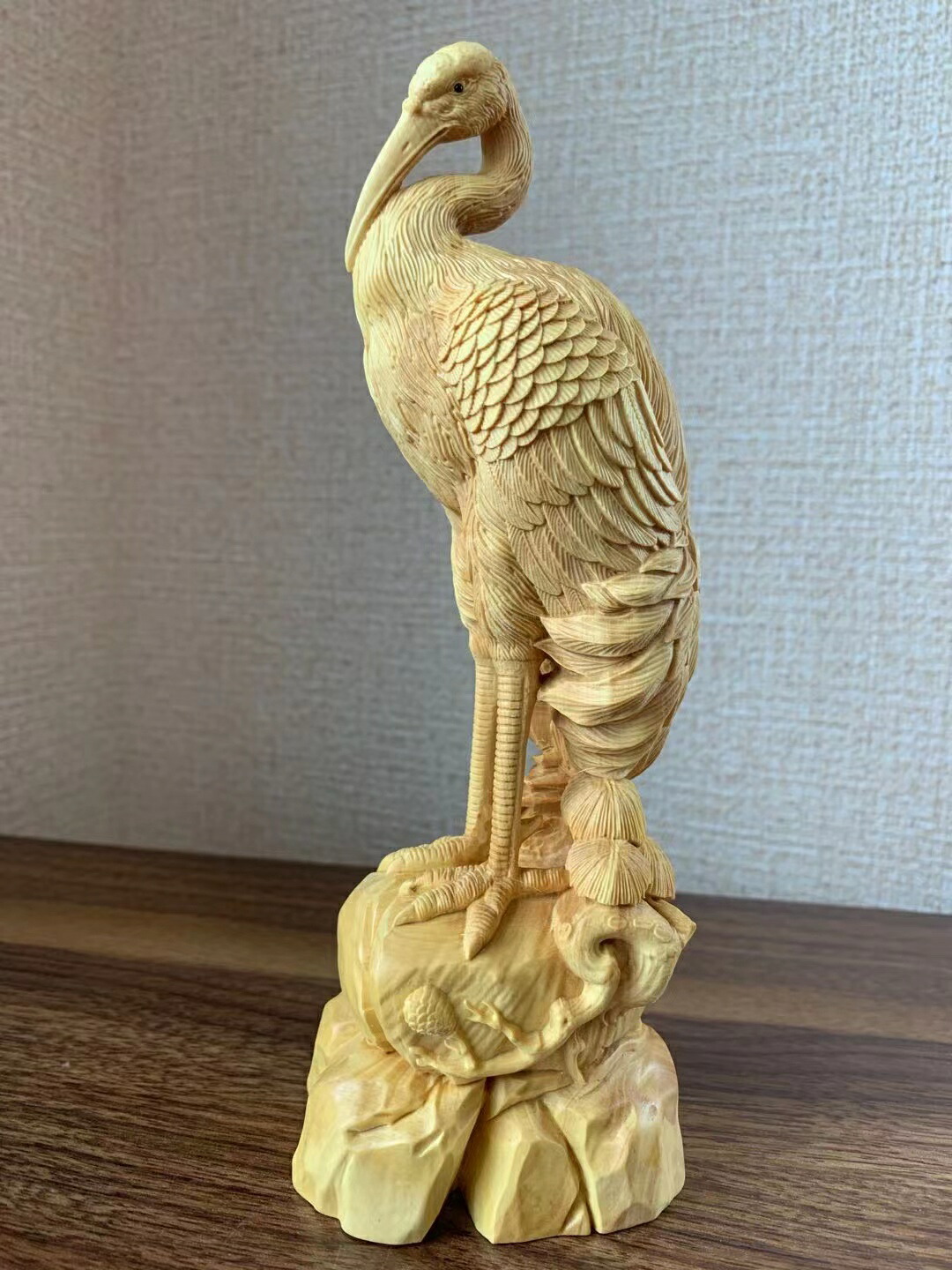 木彫 鶴 長寿 ツゲ (約)高20cm&times;幅5.8cm&times;奥行7.5cm 彫刻｜星凌商店