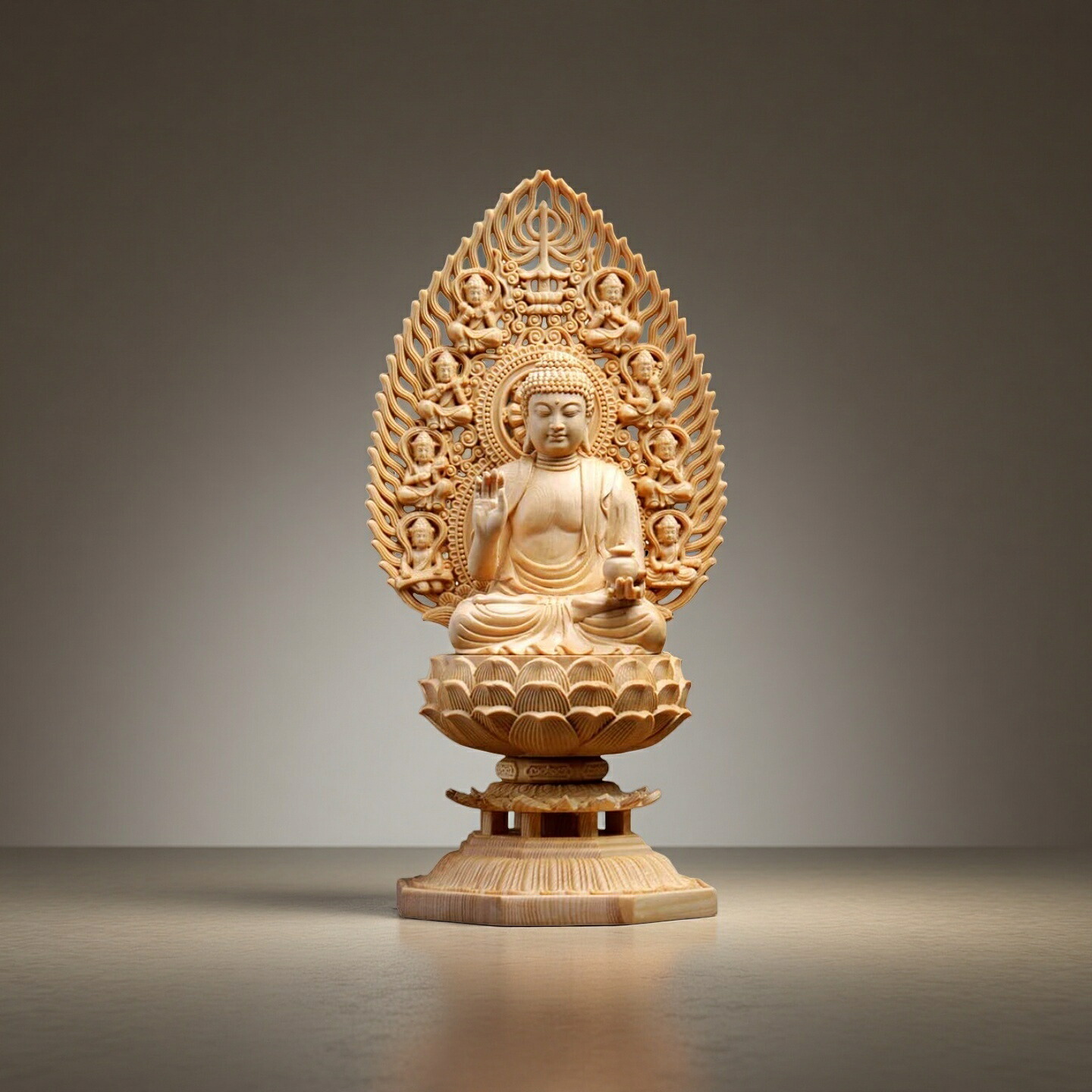仏像 薬師如来 薬師瑠璃光如来 薬師如来坐像 飛天光背 (約)高28cm×幅12cm×奥行12cm 木彫 檜木 仏具