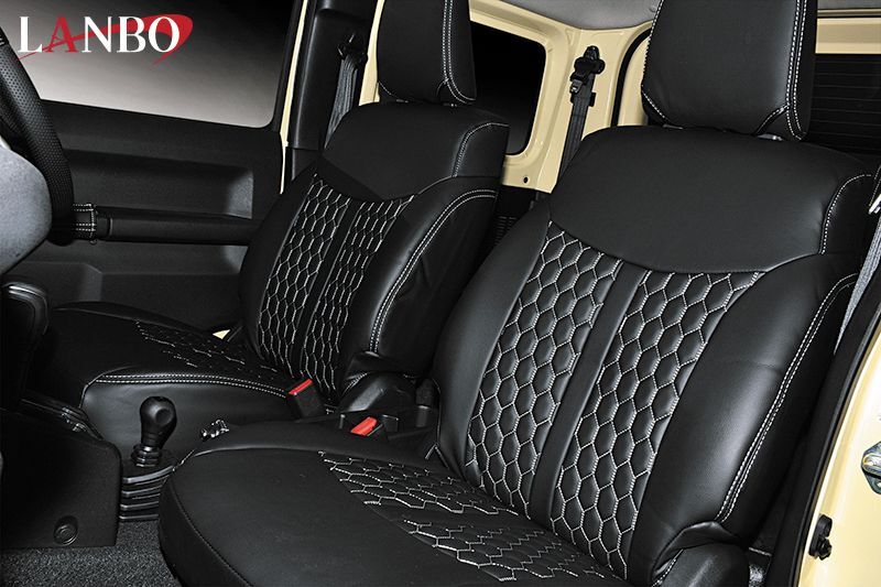 ジムニーJB64W・ジムニーシエラJB74W用 シートカバー【ハニカムデザインステッチ】フロント・リア1台分セットBJ02-1768BK/W（ランボ/LANBO)