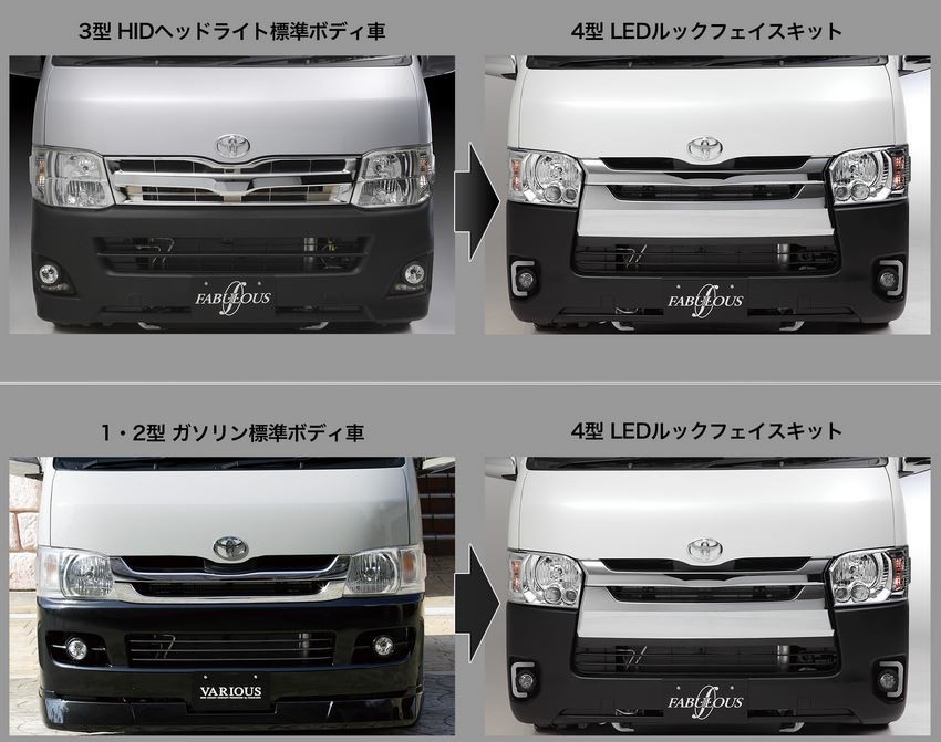 ファブレス(FABULOUS)4型LEDルックフェイスキット未塗装 1・2型ガソリン車標準ボディ ヘッドライトクリアA+B+C+D+Eセット|エスエイチカンパニー