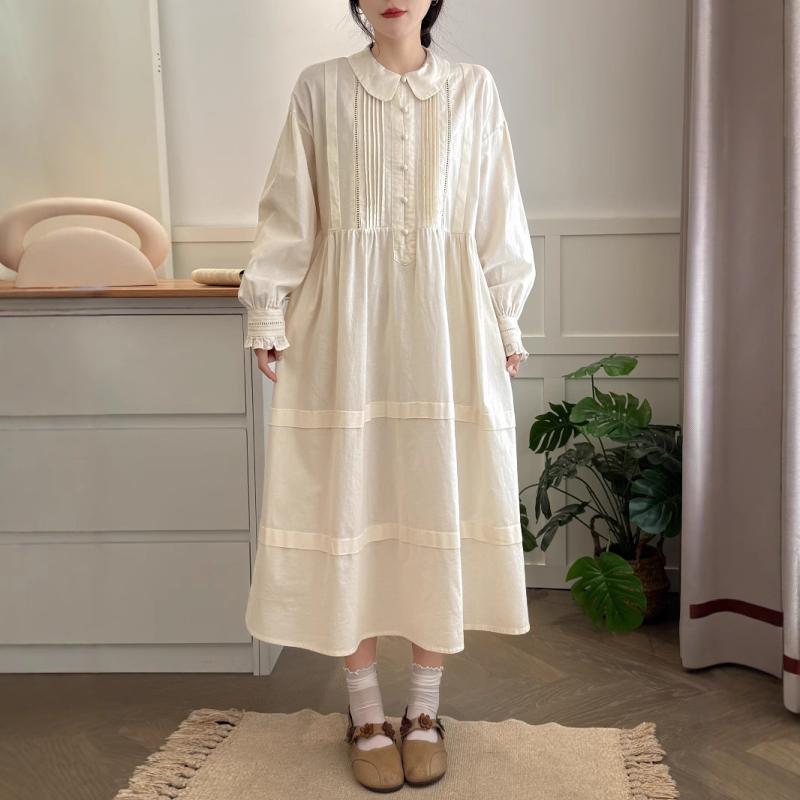 ワンピース レディース 春夏 長袖 Aライン 膝下丈 襟付き 森ガール ナチュラル かわいい 清楚 無地 コットン ゆったり おしゃれ ミモレ丈