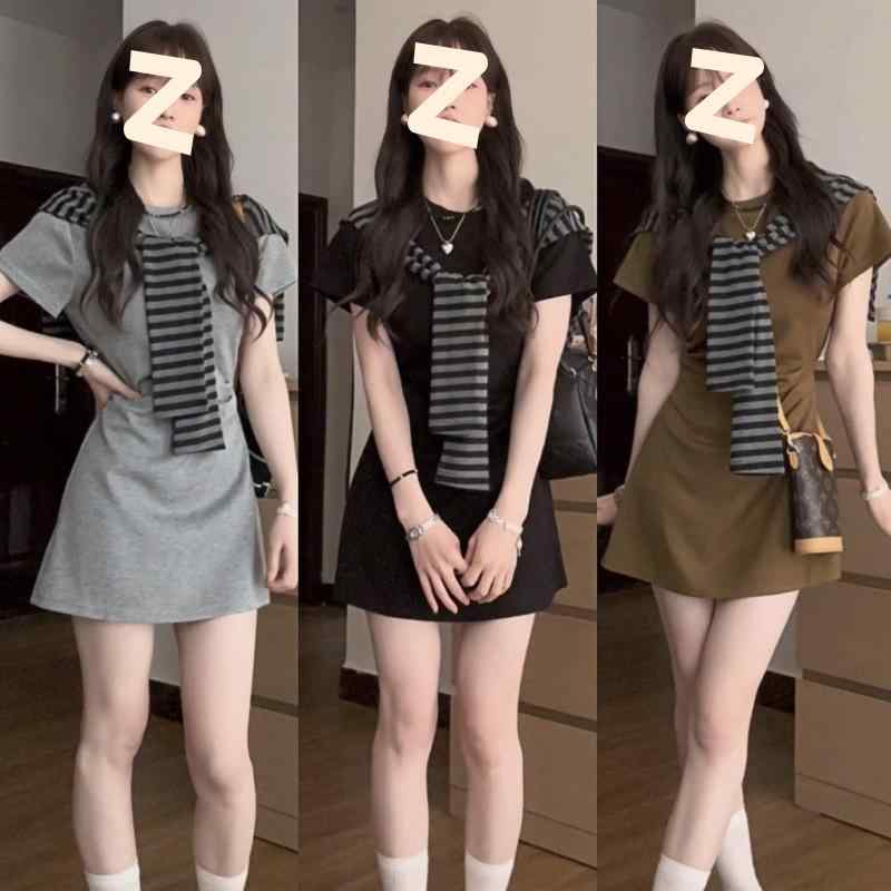 ワンピース レディース 半袖 Aライン ラウンドネック ショール付き ミモレ丈 ロング丈 無地 韓国風 レトロ モード系 ストリート 普段使い ポリエステル ブラック グレー グリーン