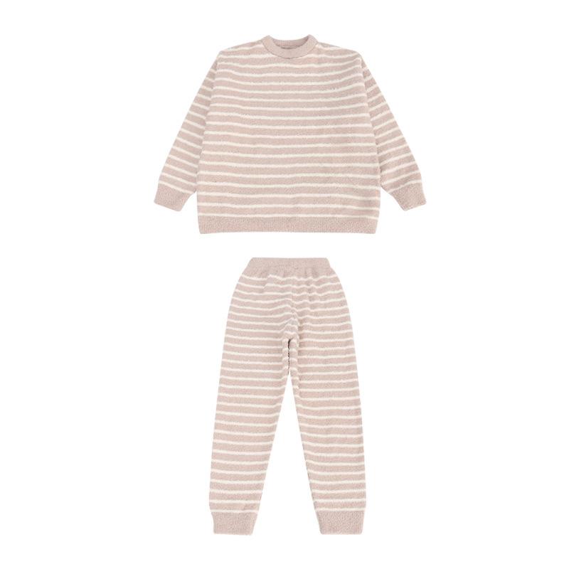 子供用パジャマ 秋冬 厚手 上下セット 大童 冬用 プルオーバー フランネル 子供用ルームウェア 普段着 あったか ストライプ柄 カーキ色 緑色 紫色