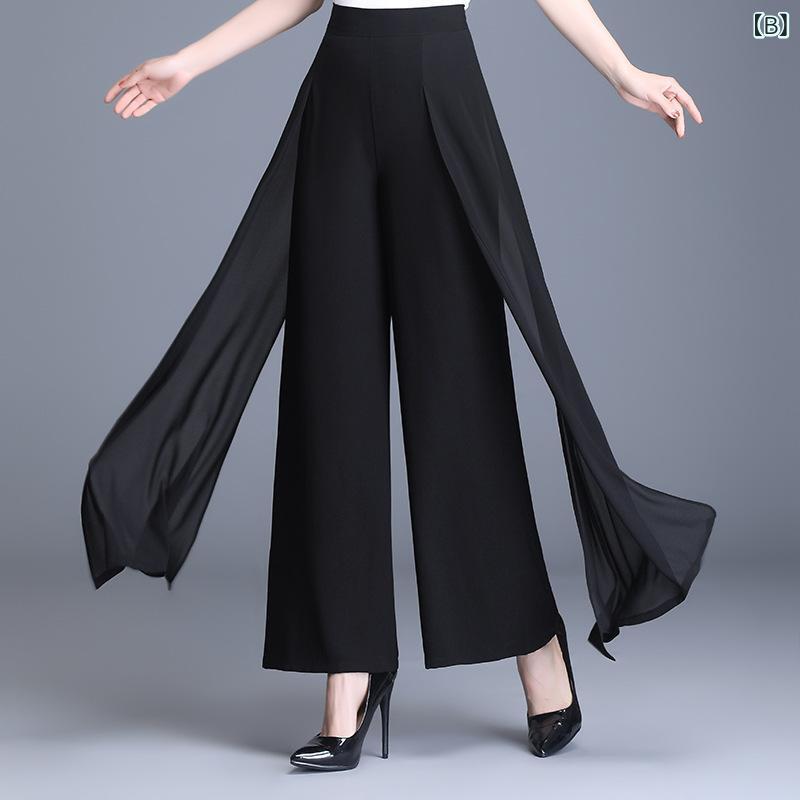 パンツ レディース ワイドパンツ シフォン 高見え 美脚 ゆったり 春夏 秋冬 ダンス ヨガ ルームウェア ブラック レッド オフホワイト