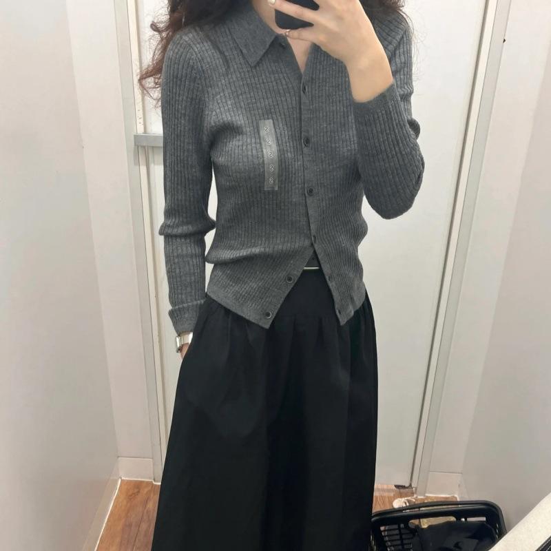 ニットカーディガン レディース メリノウール リブ編み ポロネック トップス 長袖 カットソー 乳白色 黒 グレー 黄土色 オリーブ色 紺色