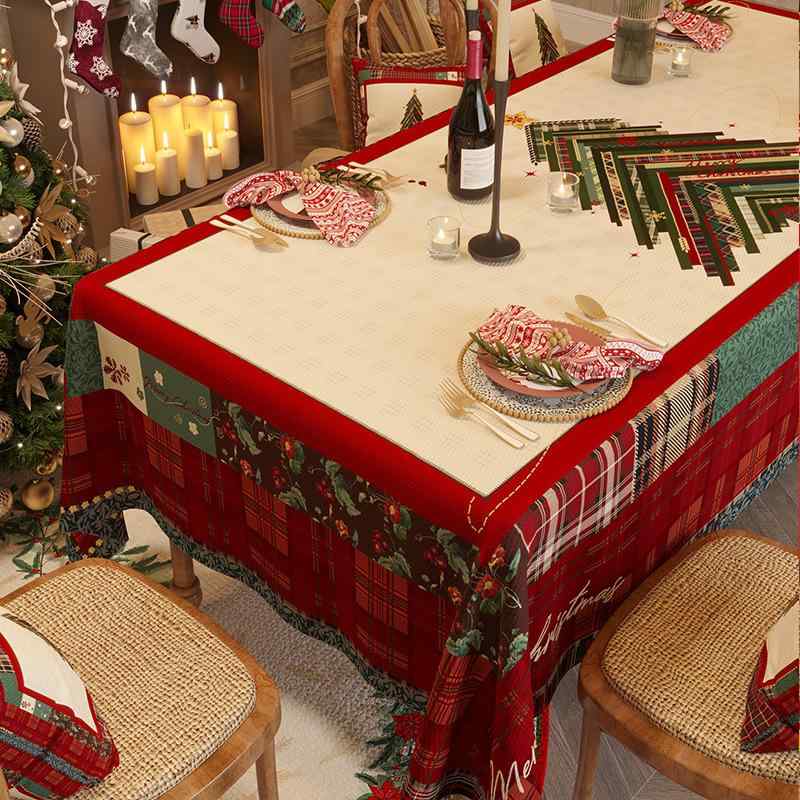 テーブルクロス 長方形 シェニール クリスマス テーマ 美化 飾り テーブル掛け ティーテーブルクロス 赤 レトロ クリスマス 幾何学模様 格子柄 植物 花柄 英倫風